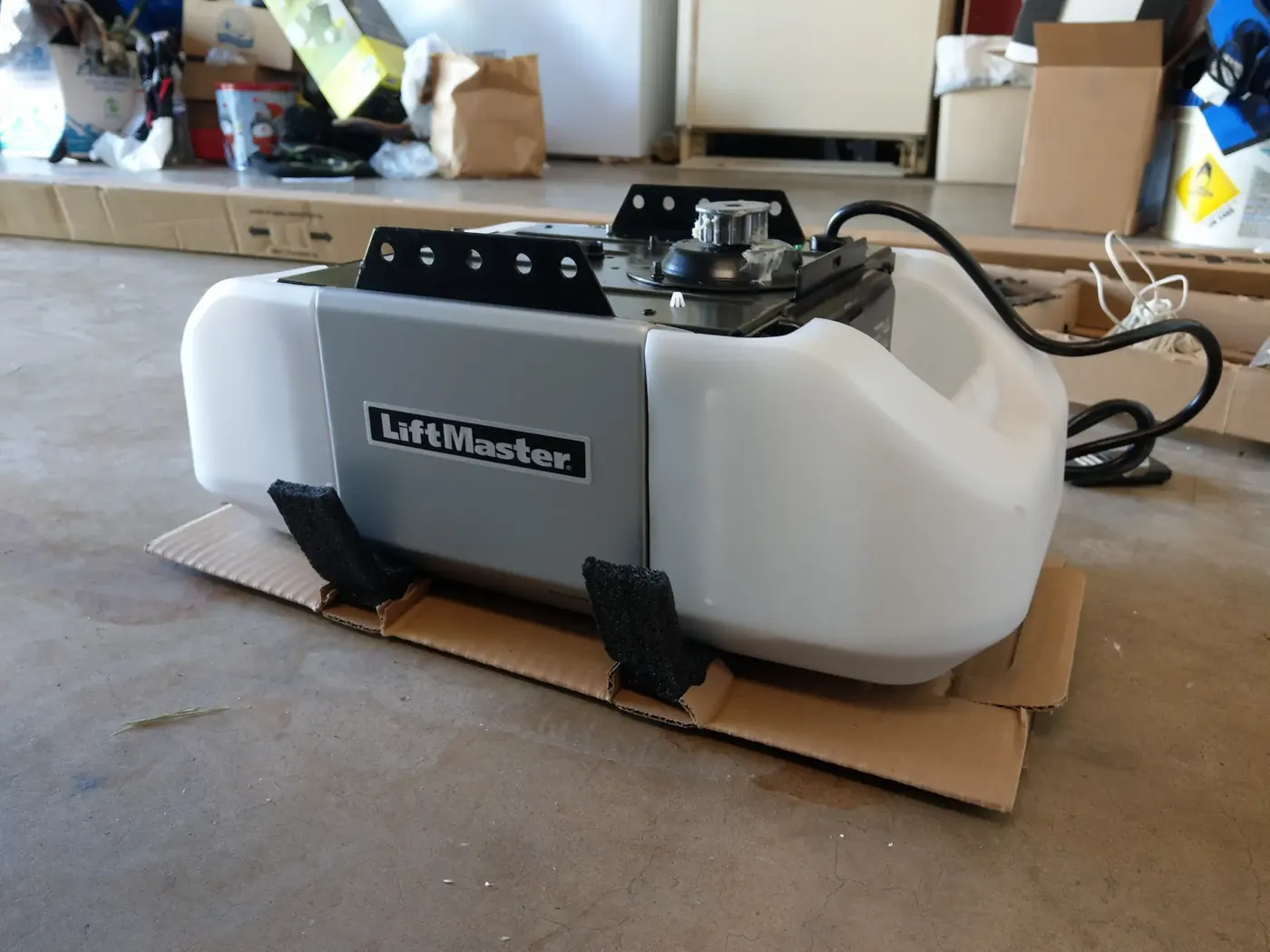 A new LiftMaster opener unboxed and ready to fit