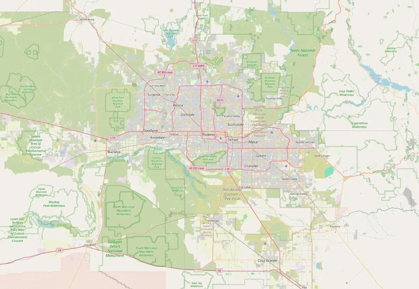 Map of the Phoenix Valley, Arizona, from Wickenburg and New River in the north to Casa Grande in the south and Buckeye in the west.